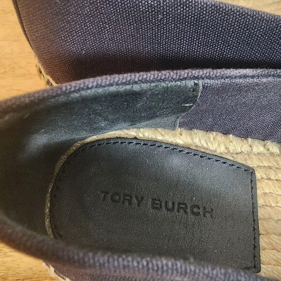 Tory Burch Shoes Womens Size 8 Navy Black Espadrille Flats Leather Cap Toe Logo - Picture 10 of 15